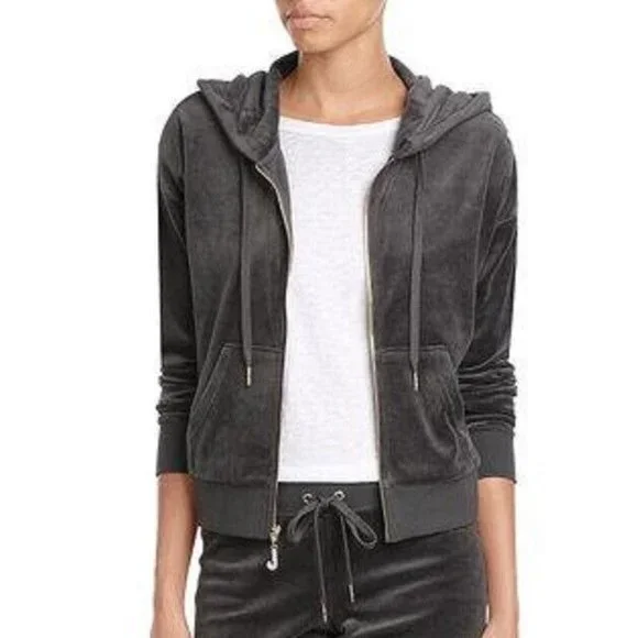 Juicy Couture TOP HAT Gray J BLING Velour Hoodie Jacket Large